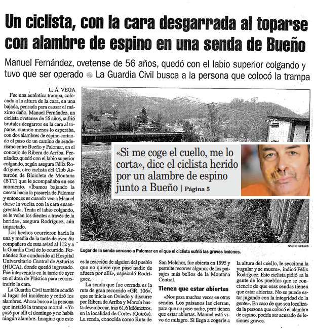 Un ciclista con la cara desgarrada por una nueva trampa de alambre de espino. ¿Hasta dónde vamos a llegar?