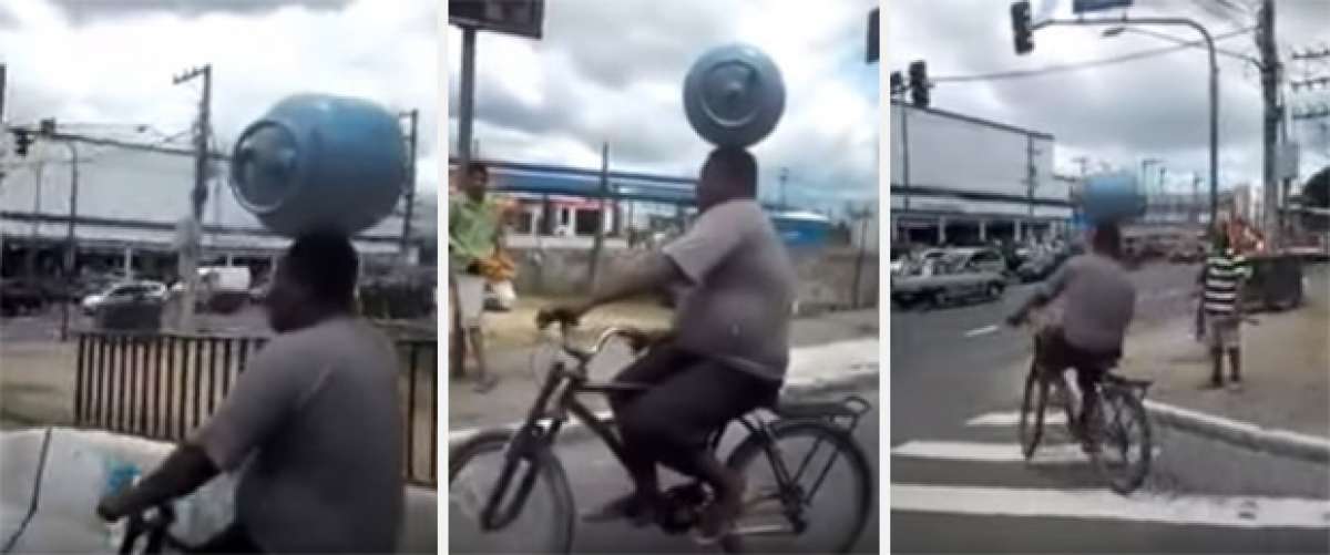 Un ciclista brasileño + Una bombona de gas + Un semáforo en rojo = Equilibrio imposible