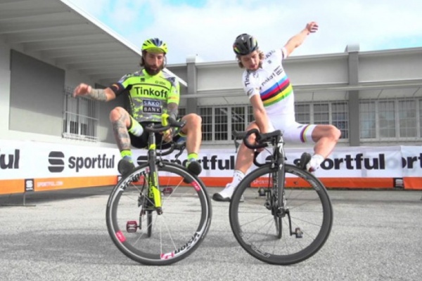 Divertida (y acrobática) visita de Peter Sagan y Vittorio Brumotti a la sede de Sportful
