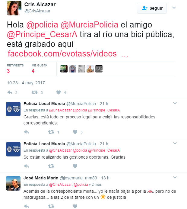 En TodoMountainBike: Coge una bici pública, la tira por un puente, y publica el vídeo en su perfil de Instagram para ahorrar trabajo a la policía