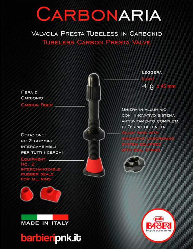 Para amantes de los pesos ligeros: Barbieri Carbonaria, válvulas "tubeless" fabricadas en fibra de carbono